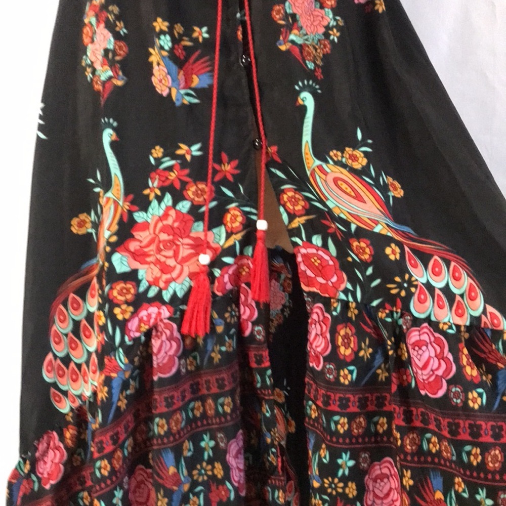 Black floral peacock colorful print short sleeves hi-low maxi dress boho gypsy M - Picture 12 of 16
